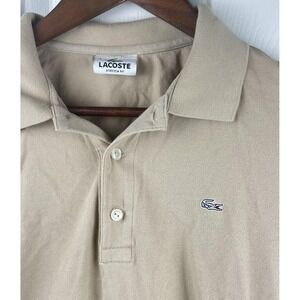 Lacoste Polo Shirt Mens Medium Beige Stretch Fit Mesh Embroidered Crocodile Logo